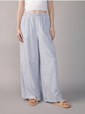 American Eagle Outfitters Linen Blend Blue and White Striped Wide-Leg Pants